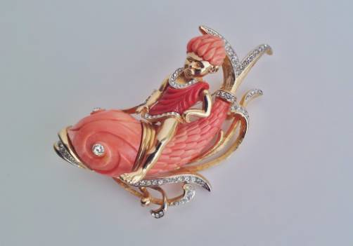 Marvella fish brooch with Pixie, faux coral & rhinestones, 1960s ca, American